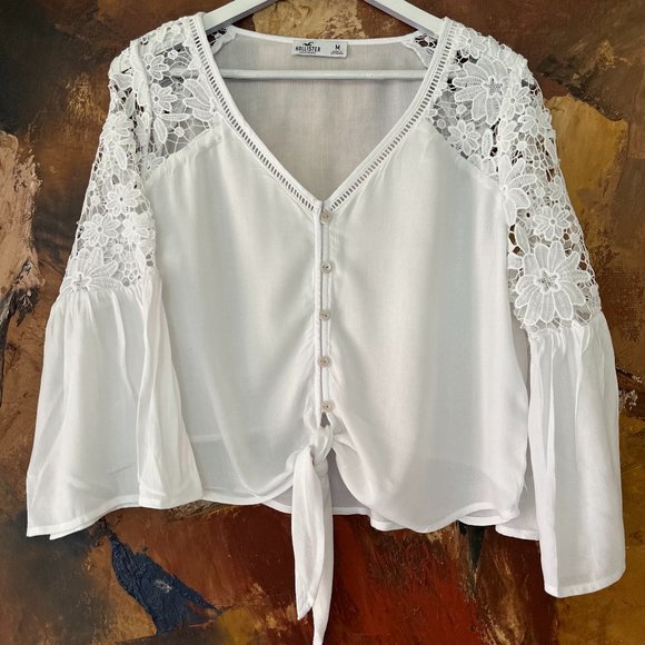 HOLLISTER Cotton Blend Inset Lace White Bohemian Top NWT - Picture 1 of 16